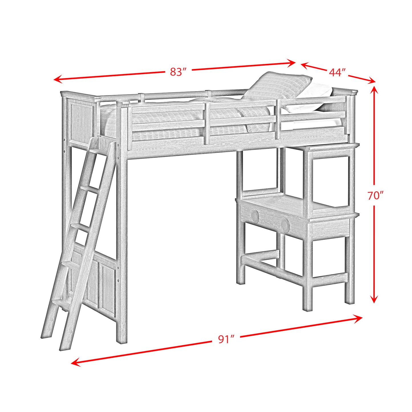 Hampton Kids - Loft Bed With Ladder And Desk With Speaker