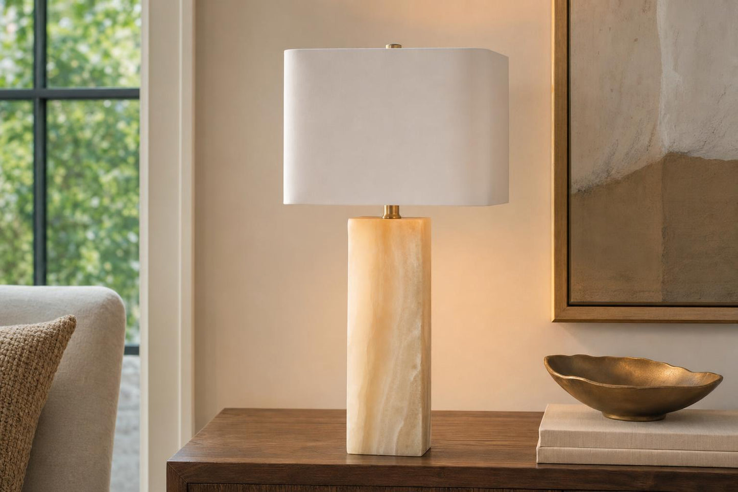 "Luminous Alabaster" Alabaster Table Lamp With Night Light (Set of 2) - Alabaster / Soft Gold