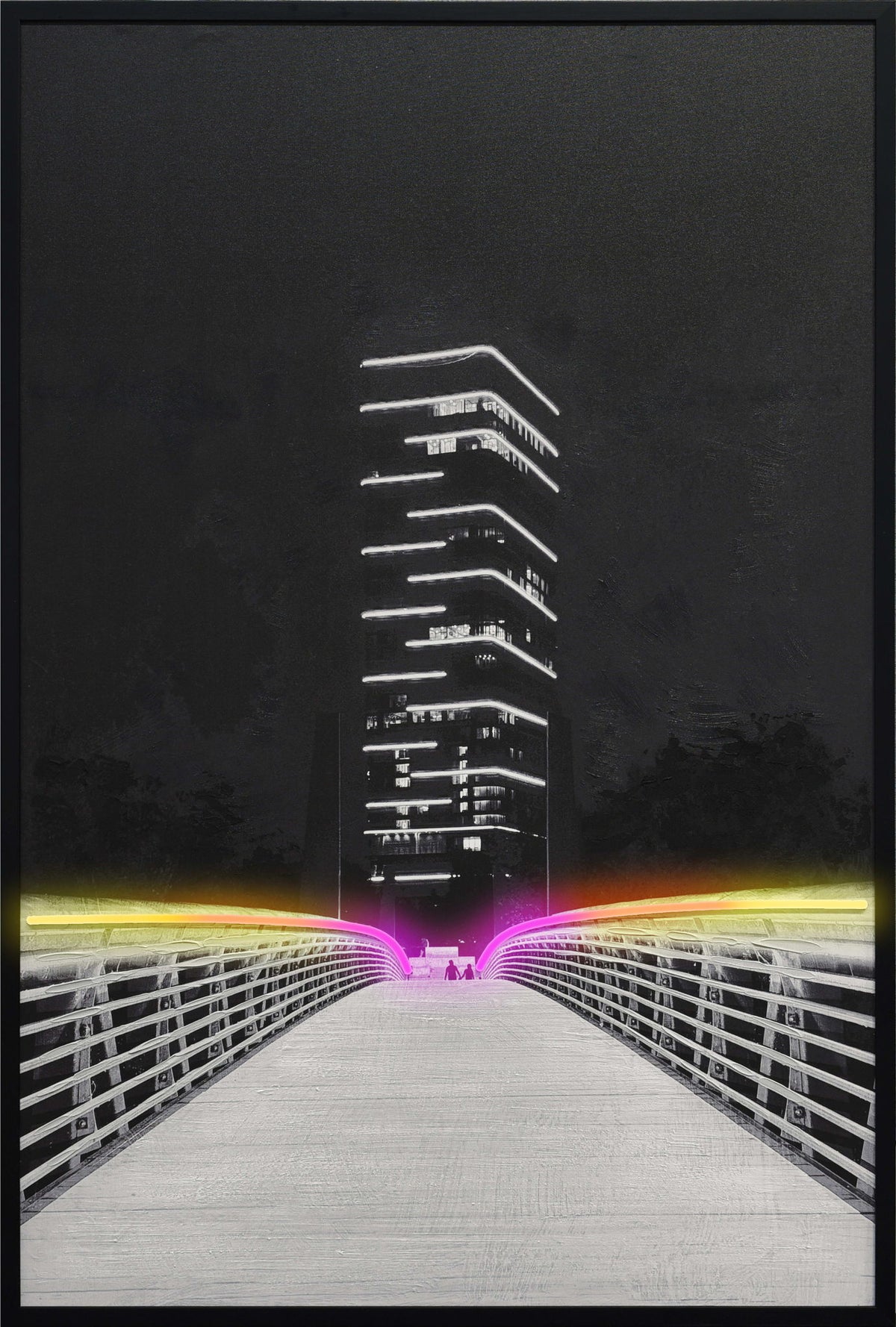 Electric Promenade - 32 X 48 - Hand-Embellished Color Changing Neon Canva - Black