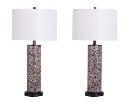 "Serpent Elegance" Faux Leather Table Lamp With Metal Base (Set of 2) - Snake Skin / Asb Gray