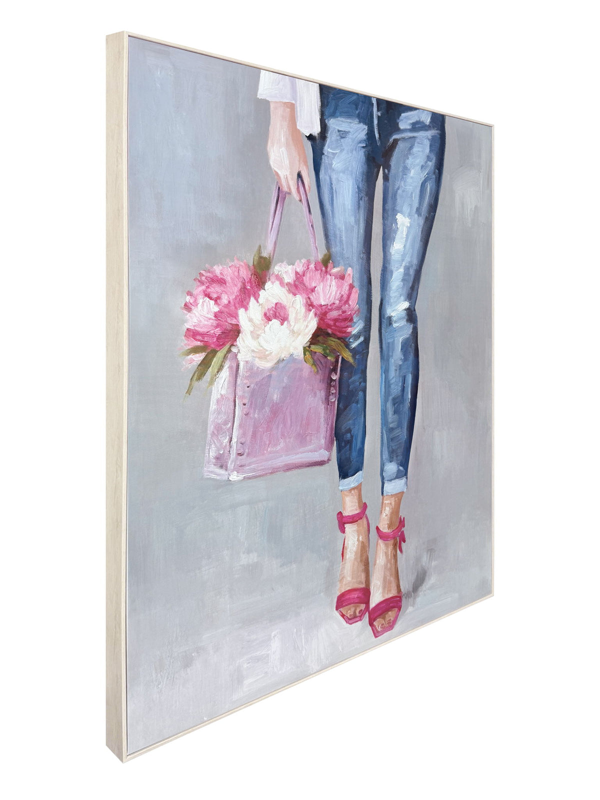 Denim And Peonies I - 36 X 48 - Hand-Embellished Canvas In Frame - Blue