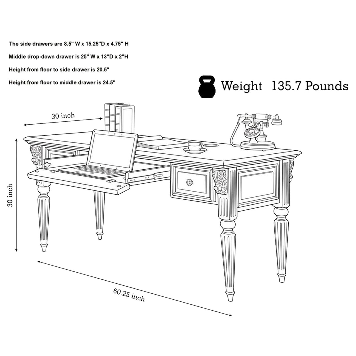Huntington - Writing Desk - Antique Vintage Pecan