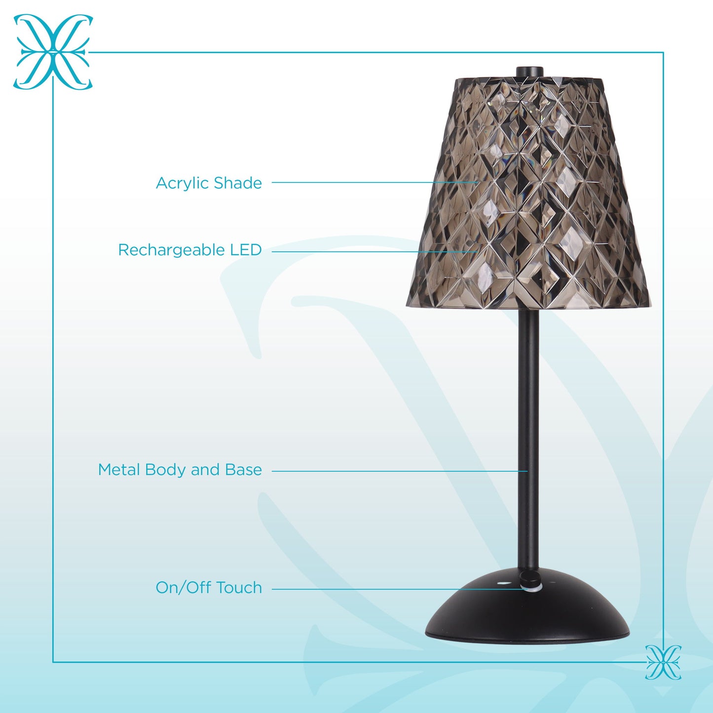 "Crystal Radiance II" Rechargeable LED Metal Accent Lamp (Set of 2) - Matte Black / Smoke