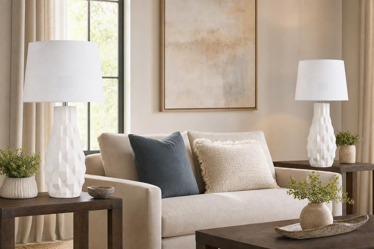 "Sculpted Elegance" Ceramic Table Lamp (Set of 2) - White Sand