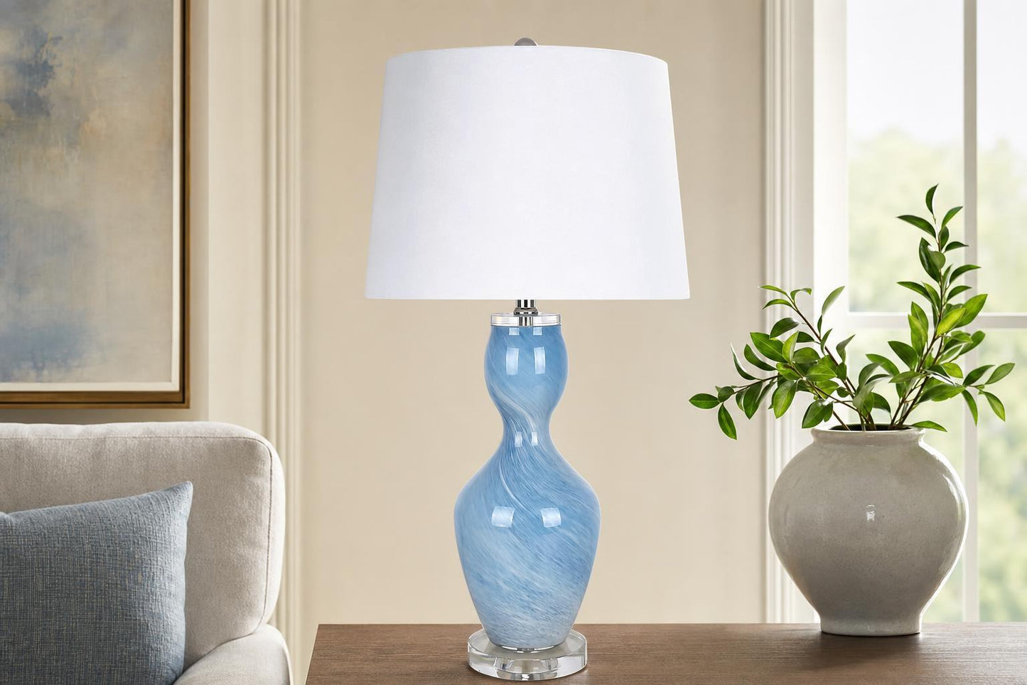 "Azure Elegance" Art Glass Table Lamp (Set of 2) - Blue Art Glass