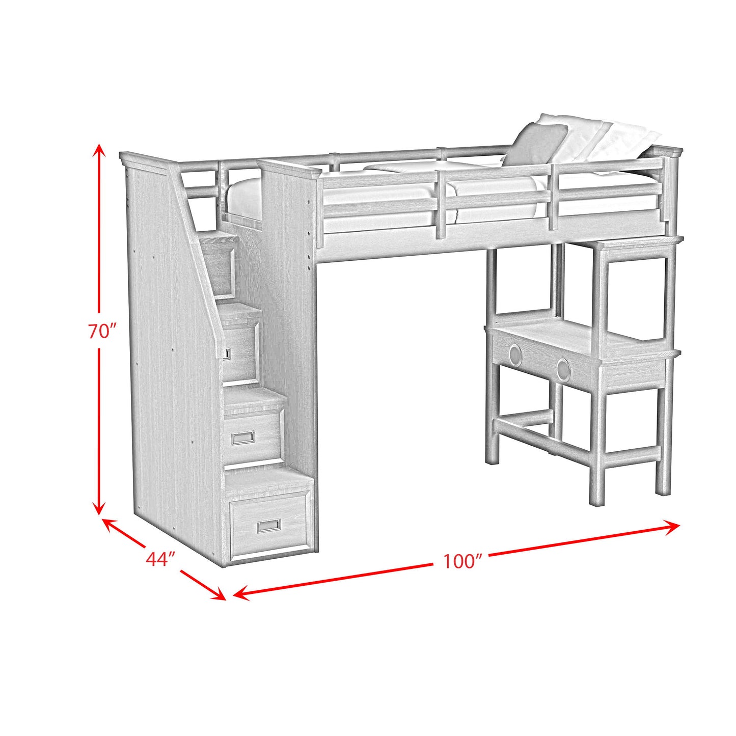 Hampton Kids - Loft Bed With Staircase And Desk With Speaker