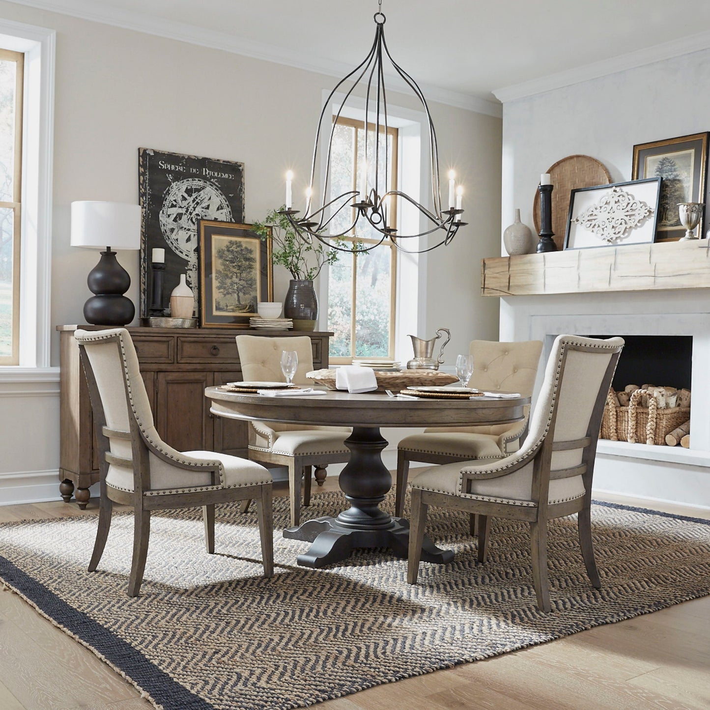 Americana Farmhouse - 5 Piece Pedestal Table Set (Upholstered Shelter Side Chairs) - Dusty Taupe