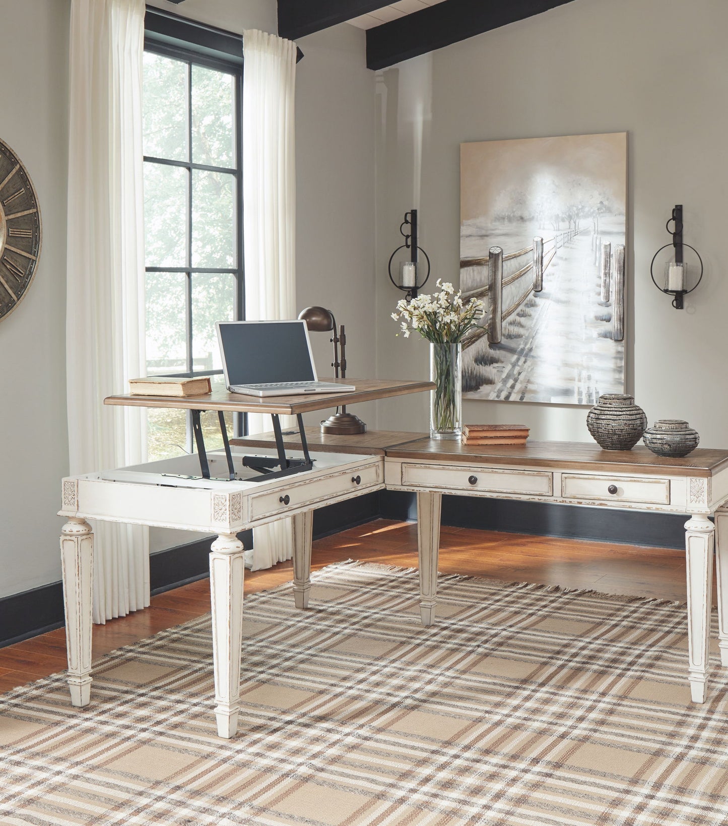 Realyn - Home Office Lift Top Desk - White / Brown