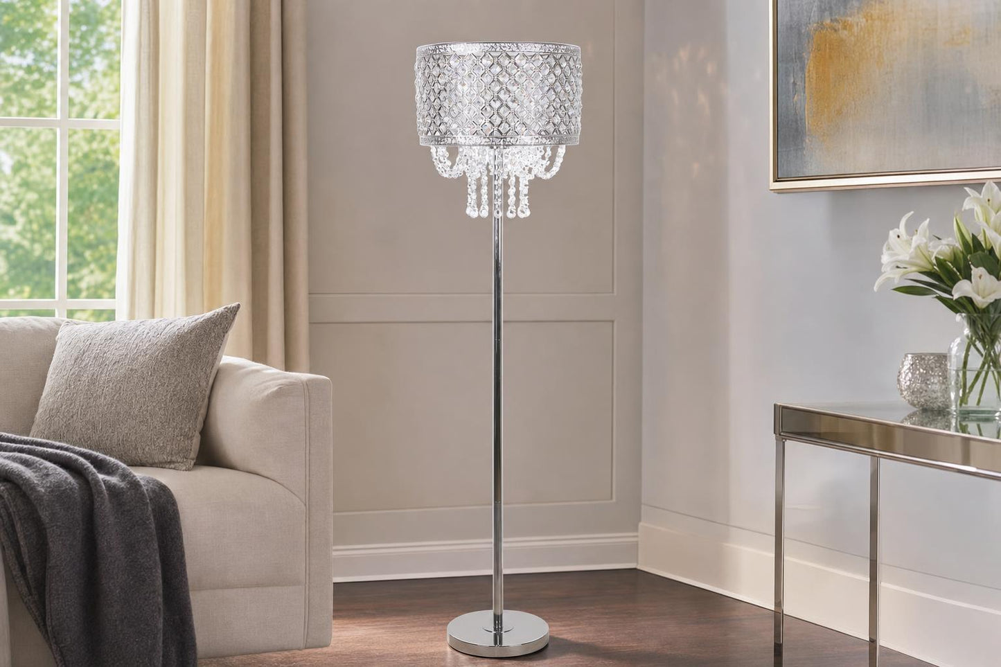 "Crystal Elegance I" Metal Floor Lamp - Polished Nickel / Clear Crystal