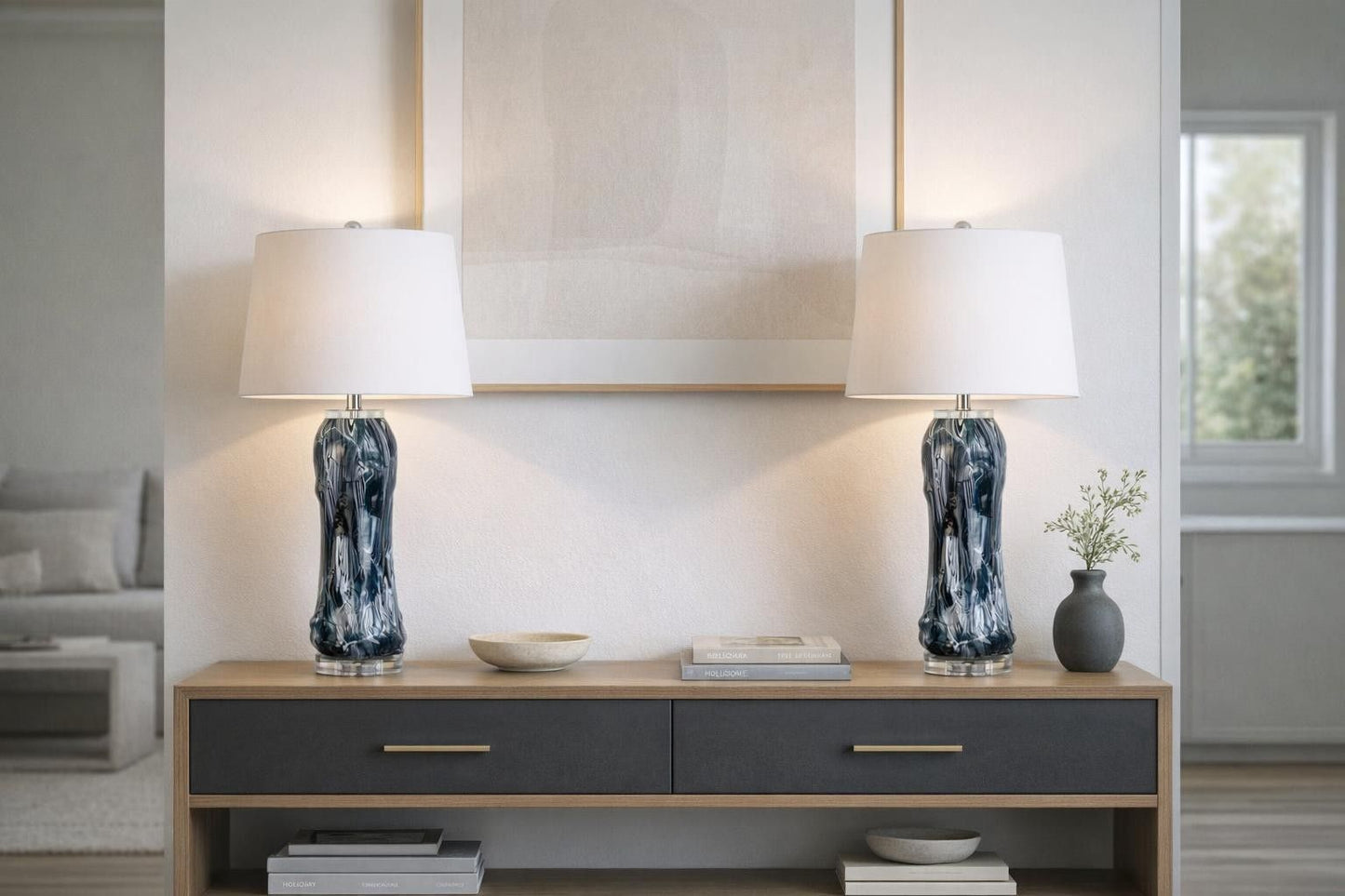 Tidal Elegance Art Glass & Crystal Table Lamp (Set of 2) - Deep Sea Swirl / Clear Crystal