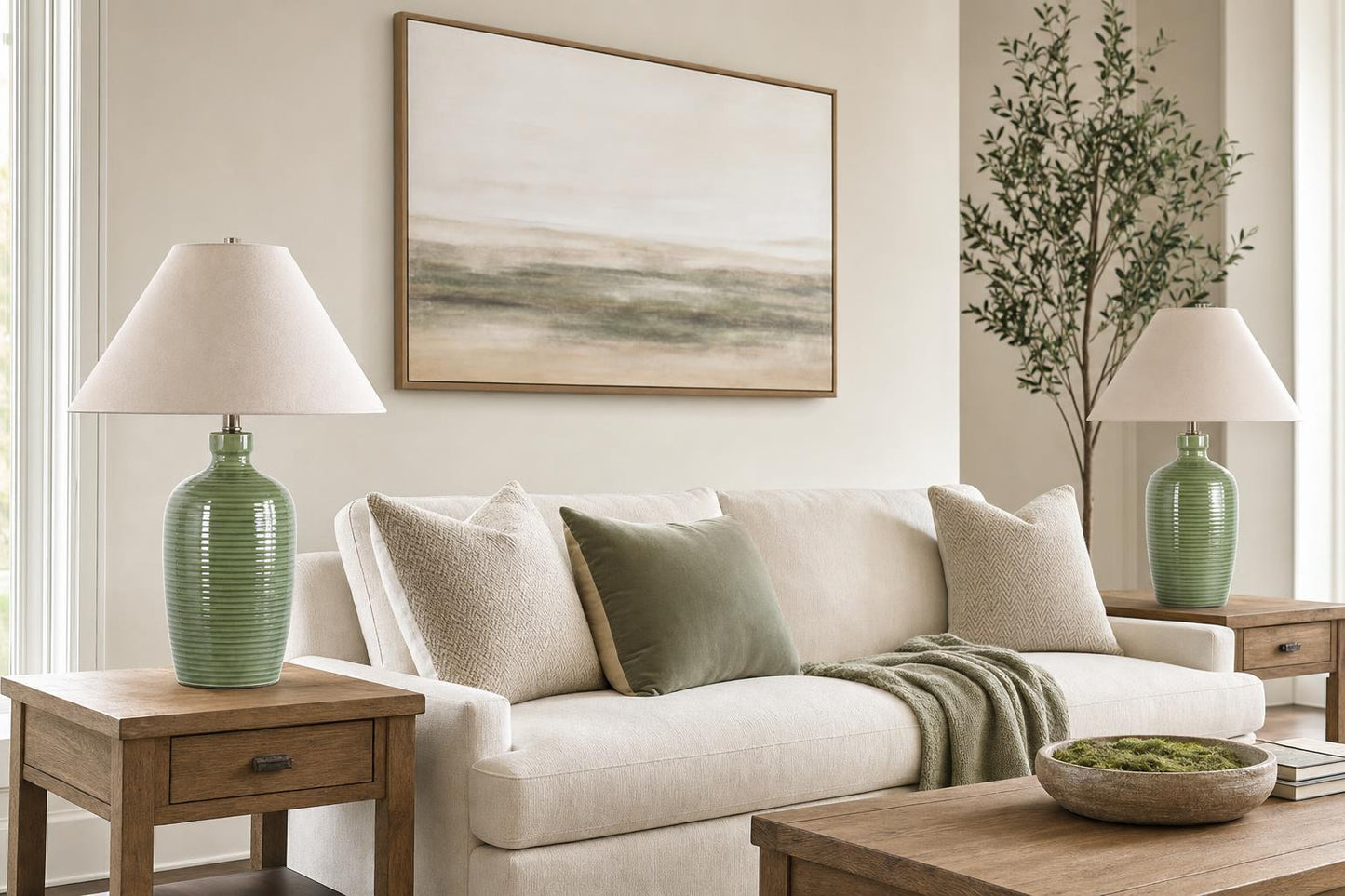 "Verdant Elegance" Ceramic Table Lamp (Set of 2) - Sage Green / Asb