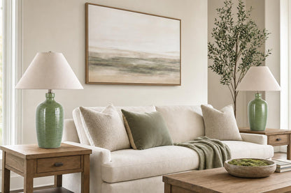 "Verdant Elegance" Ceramic Table Lamp (Set of 2) - Sage Green / Asb