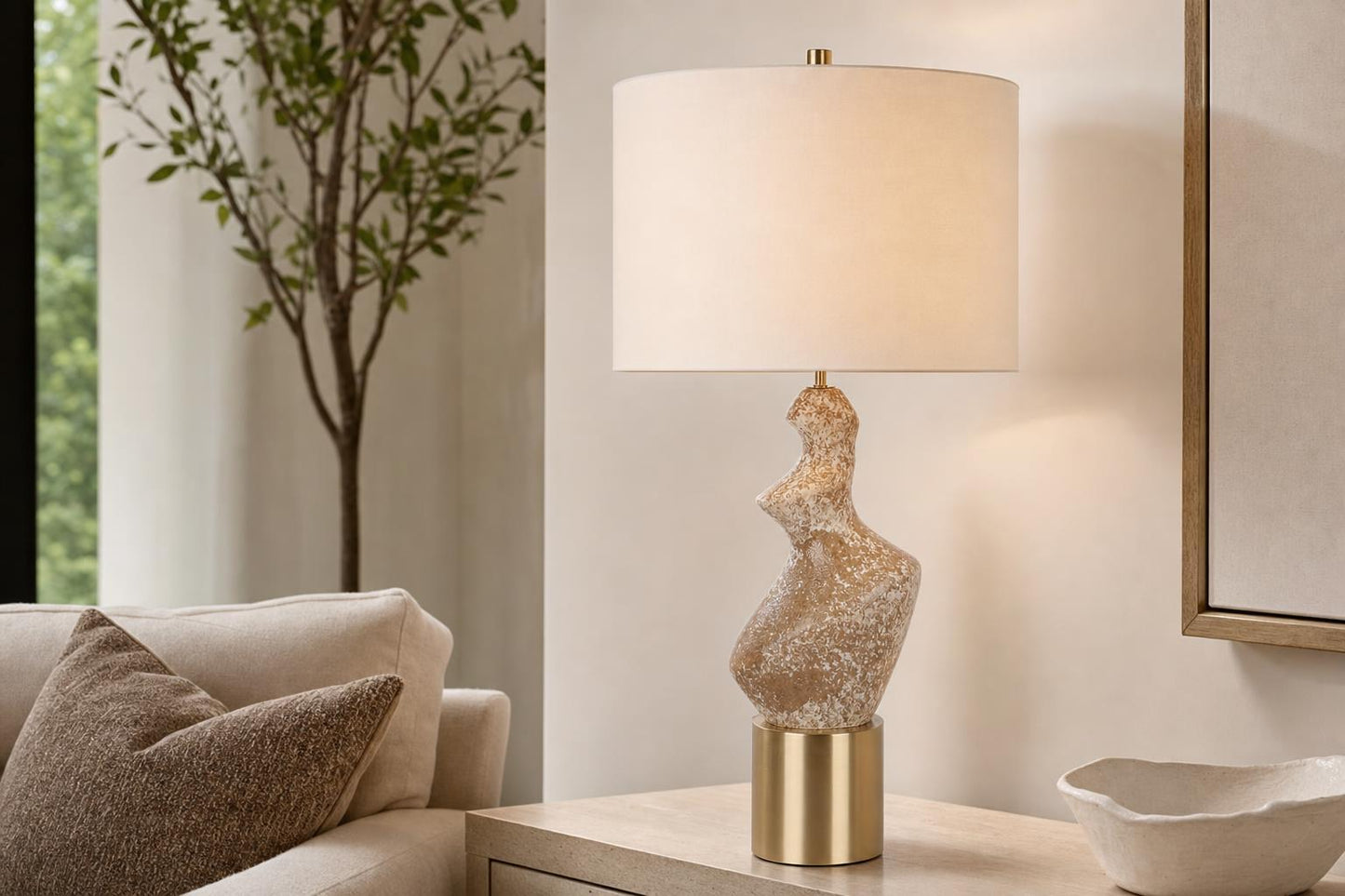 "Sculptural Serenity" Ceramic Table Lamp (Set of 2) - Stone / Soft Gold