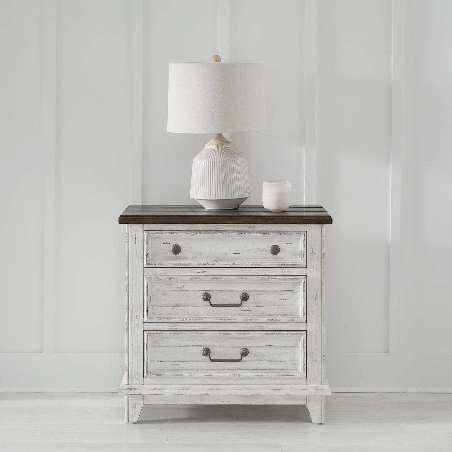 River Place - 3 Drawer Nightstand With Charging Station - Riverstone White & Tobacco