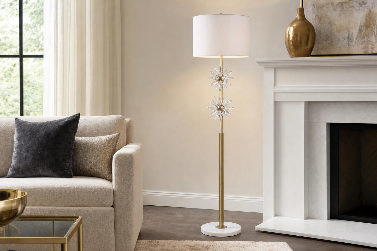 "Crystal Bloom I" Metal And Crystal Floor Lamp - Soft Gold / Clear Crystal / White Marble