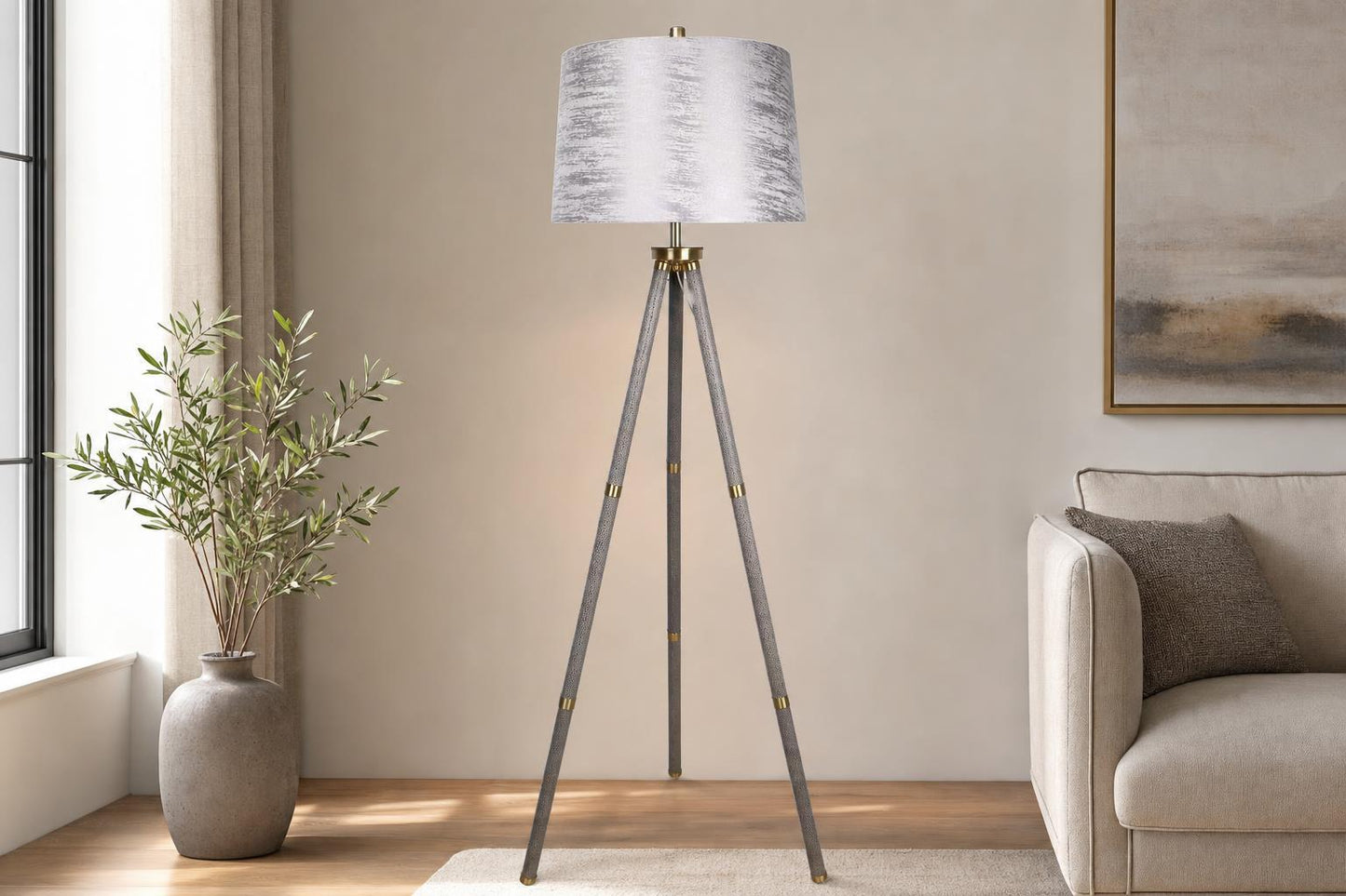 "Luxe Tripod Elegance" Faux Leather Wrap Floor Lamp - Greige / Soft Gold