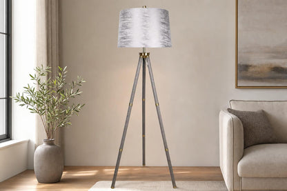 "Luxe Tripod Elegance" Faux Leather Wrap Floor Lamp - Greige / Soft Gold