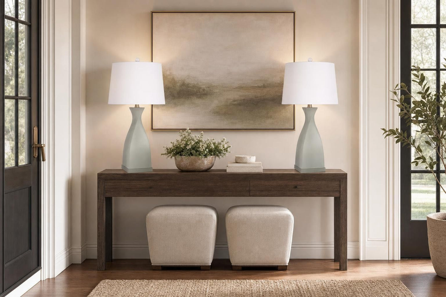 "Sage Elegance" Art Glass Table Lamp (Set of 2) - Frosted Sage Green / Frosted Crystal