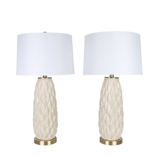 Textured Leaves Carved Ceramic & Metal Table Lamp (Set of 2) - Beige / Soft Gold