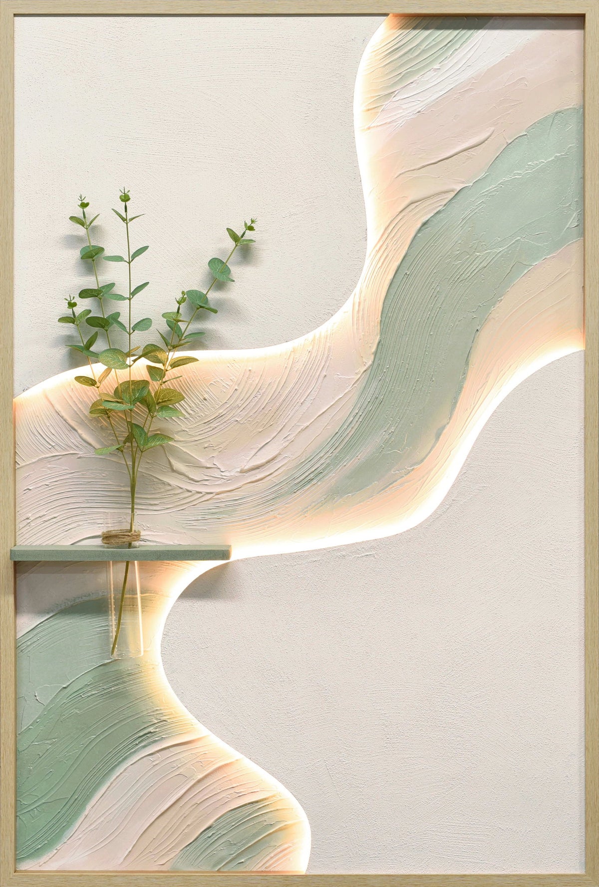 Sage Ribbon II - 33 X 48 - Hand-Painted Neon Canvas In Frame - White