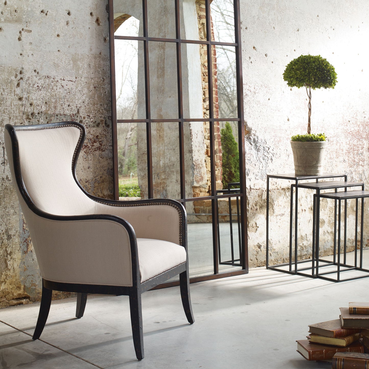 Sandy - Wing Back Armchair - Beige & Dark Brown