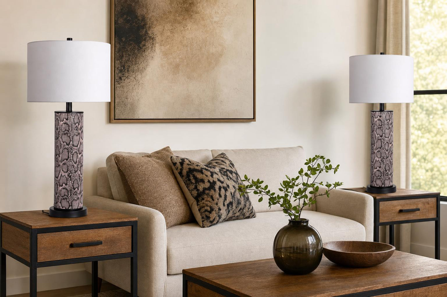 "Serpent Elegance" Faux Leather Table Lamp With Metal Base (Set of 2) - Snake Skin / Asb Gray
