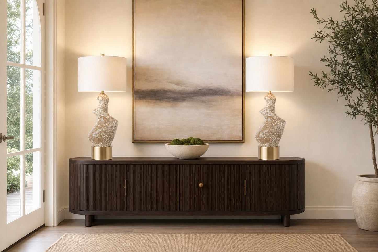 "Sculptural Serenity" Ceramic Table Lamp (Set of 2) - Stone / Soft Gold