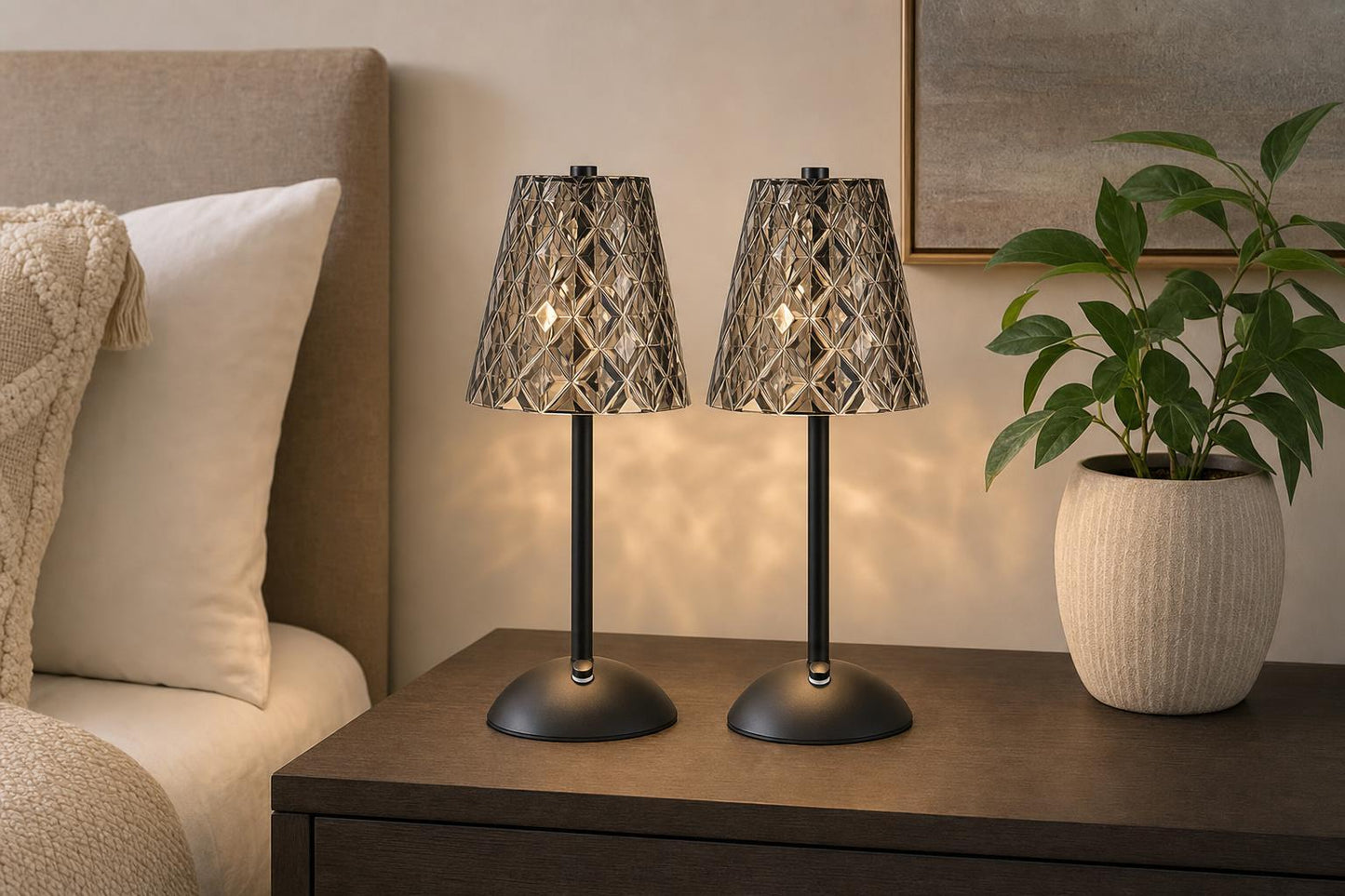 "Crystal Radiance II" Rechargeable LED Metal Accent Lamp (Set of 2) - Matte Black / Smoke