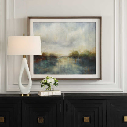 Blue Reverie - Framed Abstract Lake Print - Light Brown