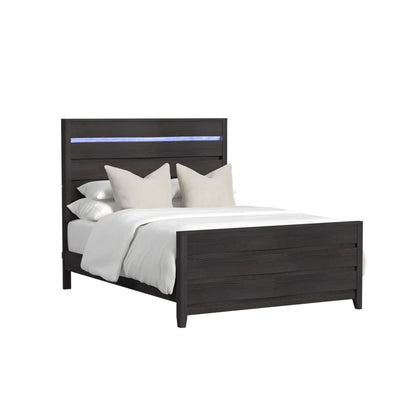 Tobias - Full Panel Headboard With LED And Footboard And Slats - Black